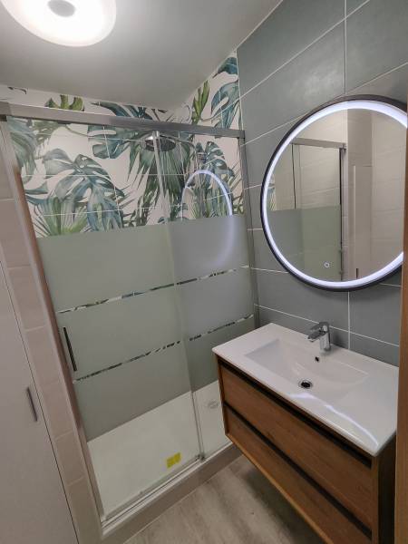 Rénovation complète au grau du Roi à proximité de Montpellier, d’une petite salle de bain a receveur extra plat antidérapant et paroi coulissante, réalisation d’une faïence à motif jungle.