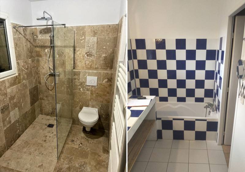 rénovation d'une salle de bain avec création d'une douche italienne, d'un wc suspendu et d'une baignoire ilot en travertin sur Montpellier dans l'Hérault