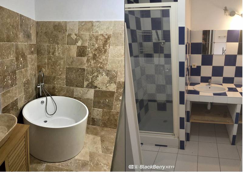 rénovation d'une salle de bain avec création d'une douche italienne, d'un wc suspendu et d'une baignoire ilot en travertin sur Montpellier dans l'Hérault